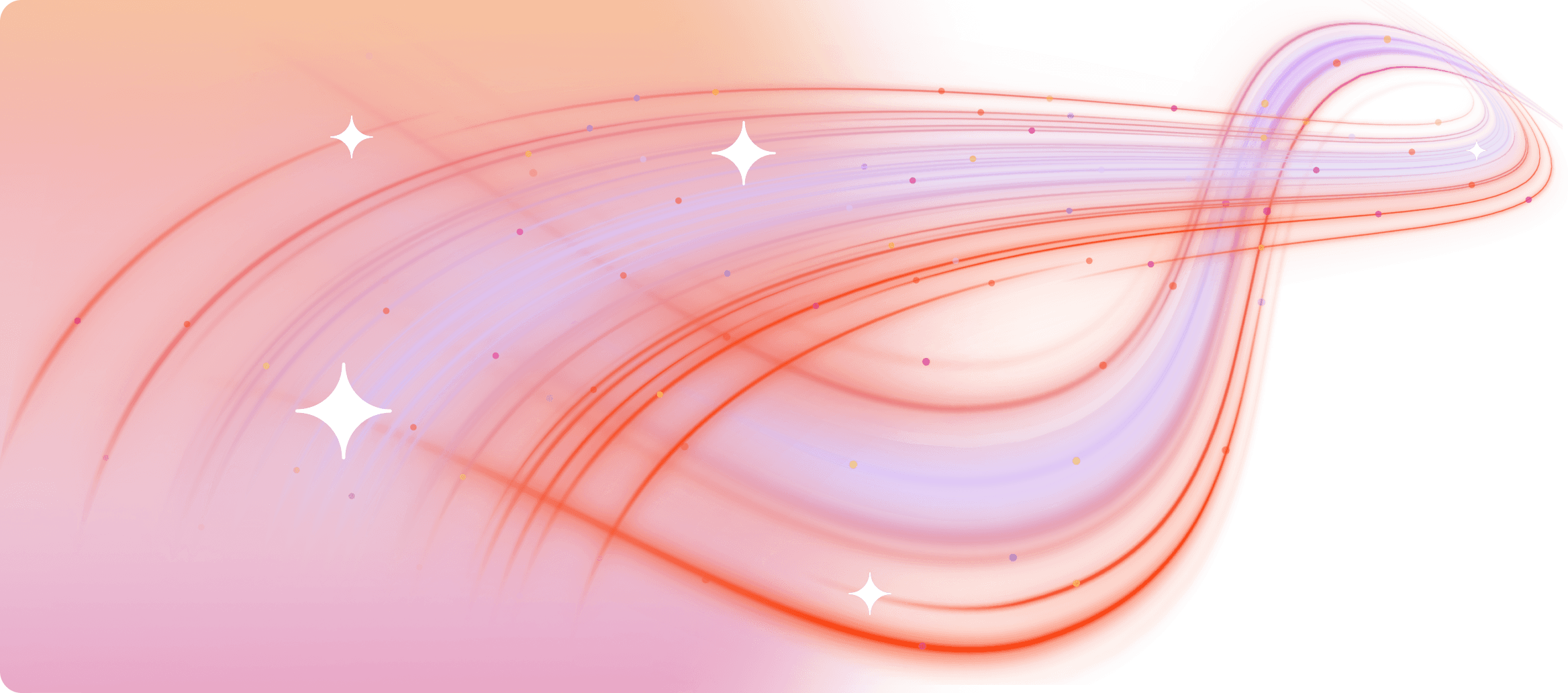 Abstraktes Design mit geschwungenen Linien in Rot, Orange und Violett und leuchtenden Glanzsternen.