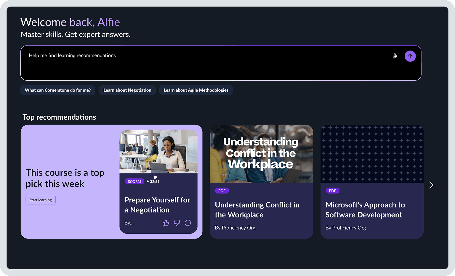 Ein Online-Learning-Dashboard im dunklen Stil, das „Alfie“ begrüßt, eine Suchleiste anzeigt und Top-Kursempfehlungen wie „Bereiten Sie sich auf eine Verhandlung vor“ bietet.