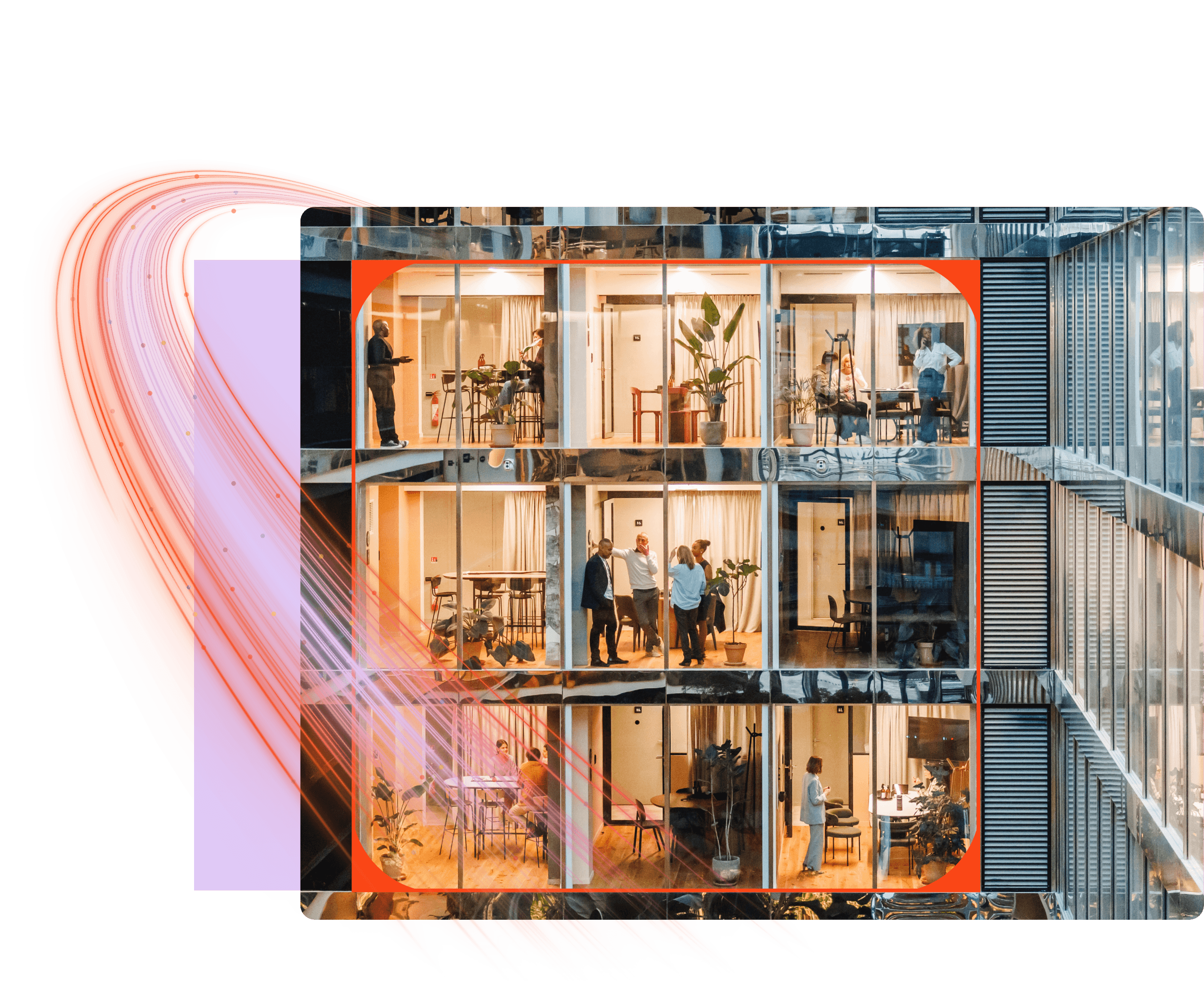 Ein mehrstöckiges Bürogebäude, in dem Personen arbeiten, überlagert von wirbelnden orange- und violettfarbenen Grafikelementen.